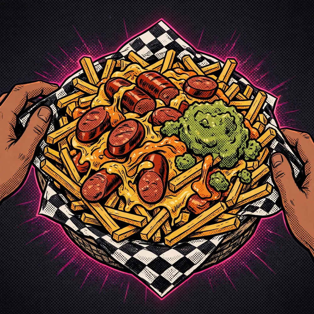 Drawing of a loaded salchipapa in a checkered basket