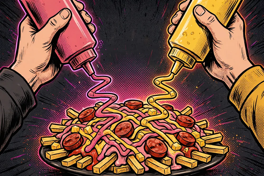 Drawing of squeeze bottles drawing zigzags of pink and pineapple sauce over a salchipapa