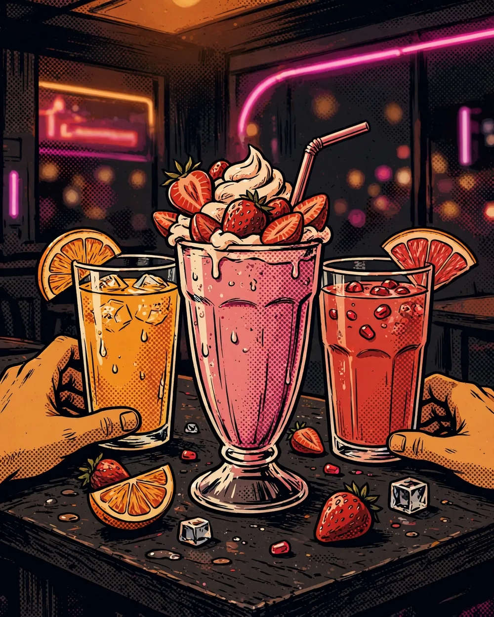 Drawing of milkshakes and fruit juices on a counter