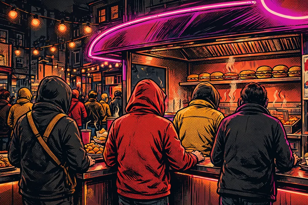 Drawing of a lively fast-food street at night with warm lights